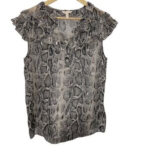 Rebecca Taylor Womens Silk Snake Print Ruffled Blouse Metallic Gray Black